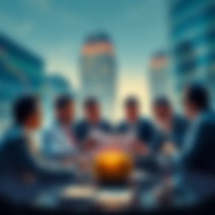 A group of investors discussing buttcoins, analyzing charts and financial reports, with a backdrop of financial buildings
