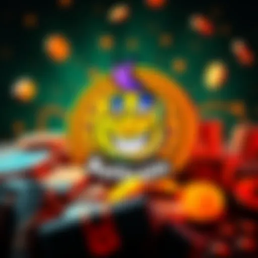 Colorful Buttcoin logo featuring a humorous cartoon character with exaggerated features, symbolizing the quirky nature of memecoins, surrounded by coins and playful designs.