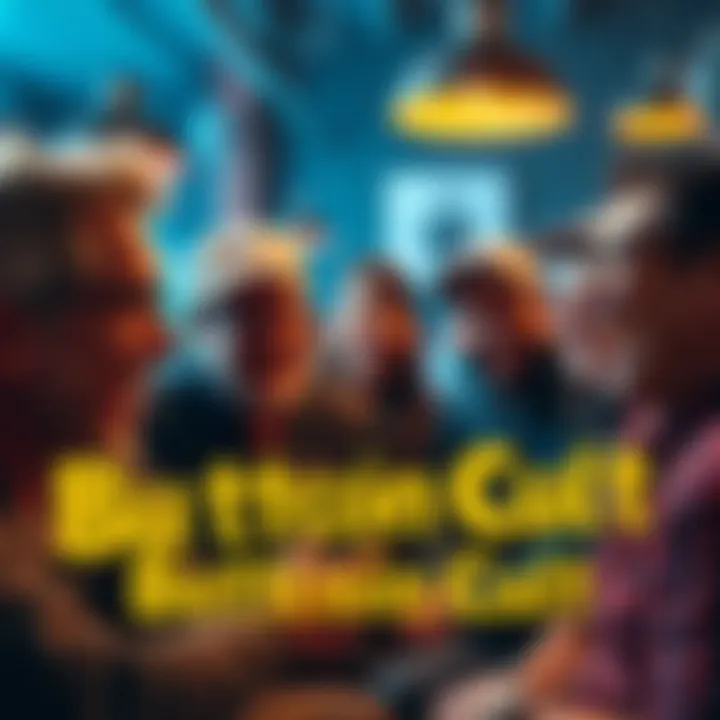 Discussion Among Buttcoin Cult Members A lively group of people sharing laughter and jokes about Buttcoin, representing different generations, with a fun and humorous atmosphere.