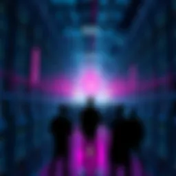 A large data center filled with servers, with shadows of people looking away from buttcoin mining operations, representing the shift to AI.