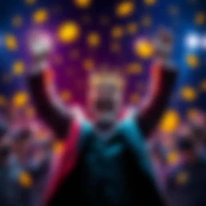 Buttcoin President with arms raised in celebration, surrounded by dollar signs and cryptocurrency symbols