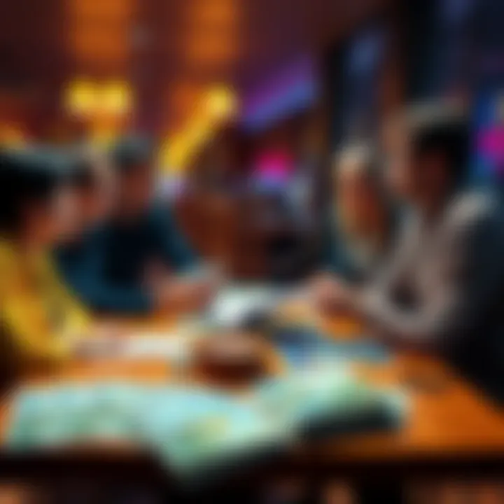 Group of people discussing financial plans with cash and vacation brochures spread on a table