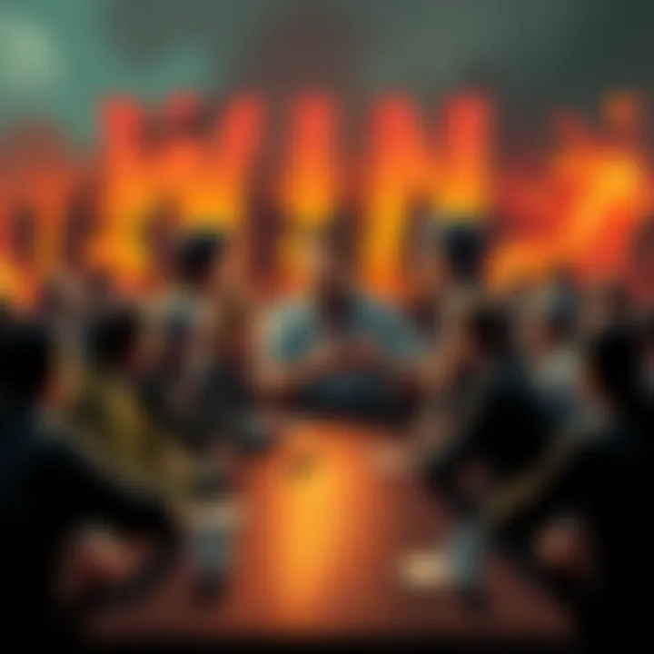 Buttcoiners Discussing Currency A group of people gathered around a table, passionately discussing the concept of Buttcoin as a global currency amid war imagery in the background.