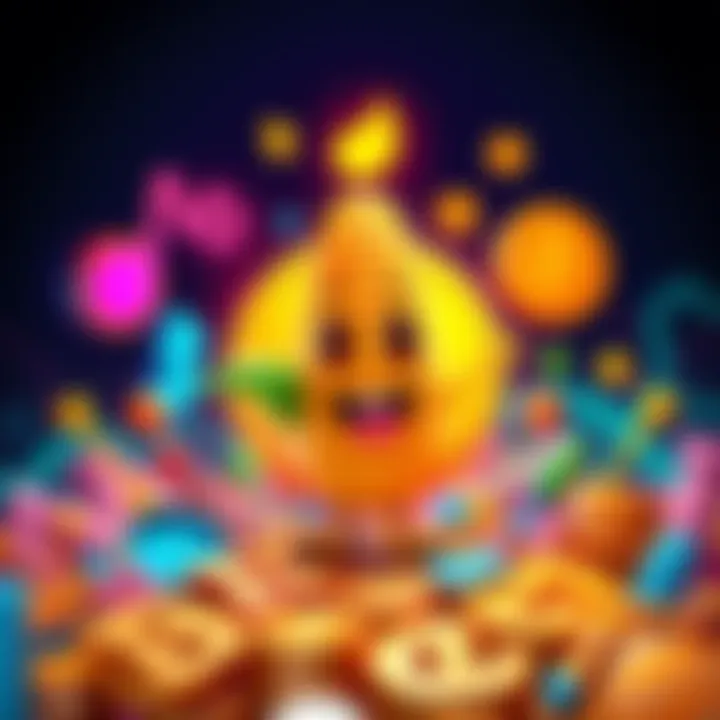 Buttcorn Symbol A bright and quirky logo representing Buttcoin, featuring a playful corn character with a humorous twist, surrounded by colorful symbols of currency and digital economy.