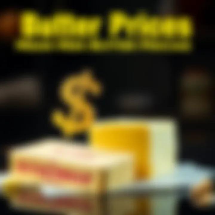 A visual representation showing a falling dollar symbol next to a block of butter, highlighting the connection between currency value and food prices.