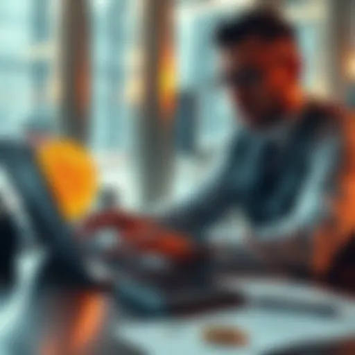 A business professional reviewing Bitcoin investment options on a laptop with company documents and financial data nearby.