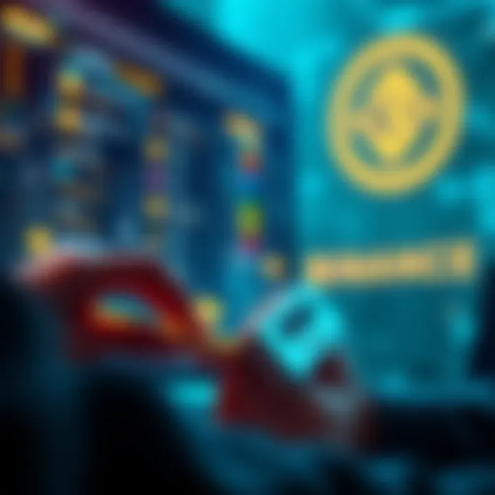 A person using a Ledger device to buy cryptocurrency, with a digital interface showing crypto options, and a Binance logo in the background for comparison.