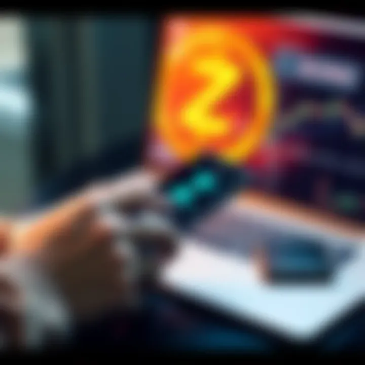 A person using a smartphone to buy Zcash cryptocurrency on a laptop with a digital wallet open