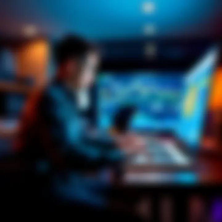 A person sits at a desk using a laptop to purchase Bitcoin, looking focused and engaged in the process