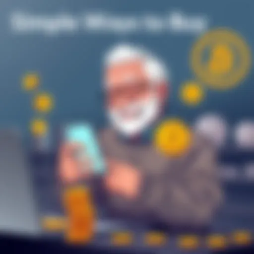 An illustration showing an older person using a smartphone to buy Bitcoin with a smile, surrounded by coins and a laptop.