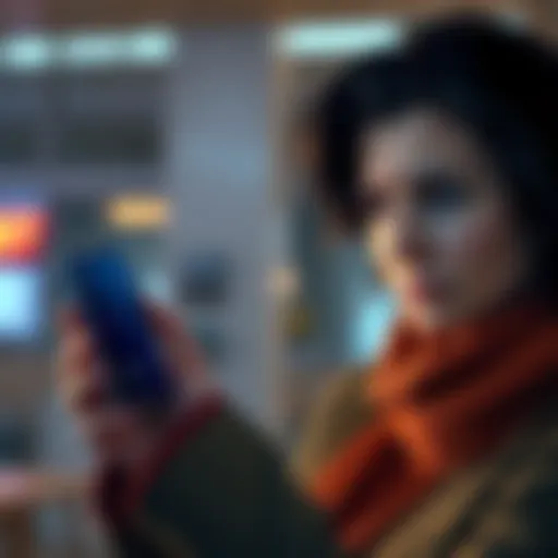 A concerned seller looks at their phone displaying a message about a canceled sale, with a worried expression on their face.
