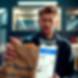 A buyer looks worried while holding a damaged item from an auction order, with a Revolut app open on a smartphone in the background.
