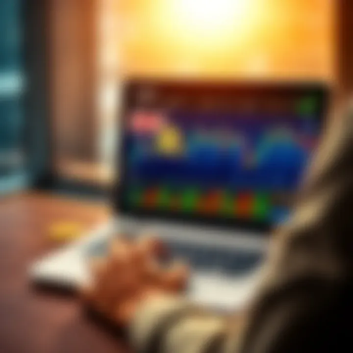 A person using a laptop to purchase Bitcoin from a popular online exchange in Australia, showing a graph of rising cryptocurrency values on the screen.