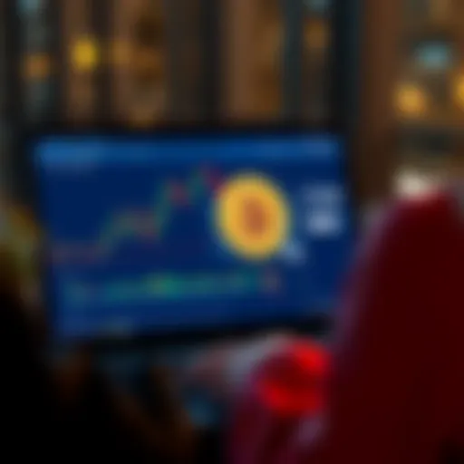A person looking at a laptop showing Bitcoin charts and bank balance.