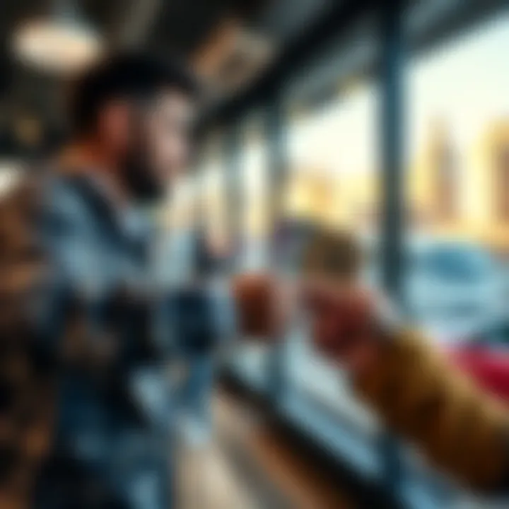 A person handing cash to another while discussing Bitcoin exchange in a London setting