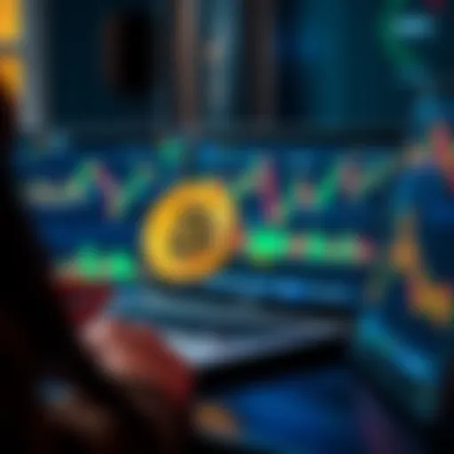 A person using a laptop to purchase Bitcoin on a trusted platform, with graphs and charts on the screen, showing a focus on cryptocurrency trading.