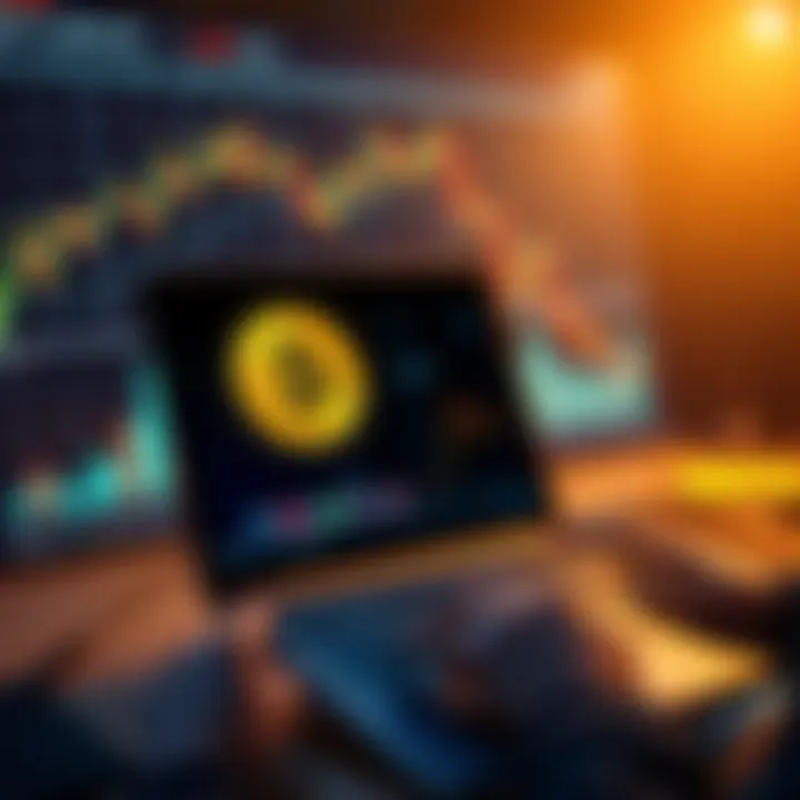 Buying Bitcoin Peer-to-Peer A person using a laptop to buy Bitcoin on a peer-to-peer platform with graphs showing market trends in the background.