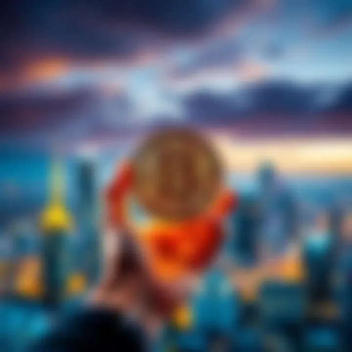 A person holding a Bitcoin symbol overlaid on a city skyline of Perth, showing popular spots for crypto purchases