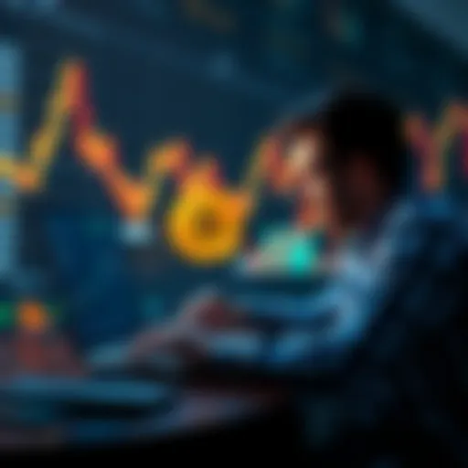 A person using a laptop to buy Bitcoin on a trusted platform, with a graph showing Bitcoin prices in the background.