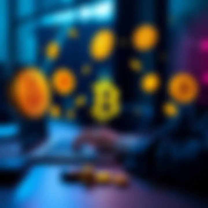 A person using a laptop to purchase Bitcoin online with cryptocurrency symbols around them