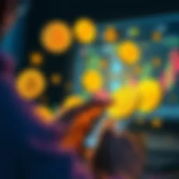 A person using a smartphone to buy Bitcoin on a trading app, with Bitcoin symbols around them.