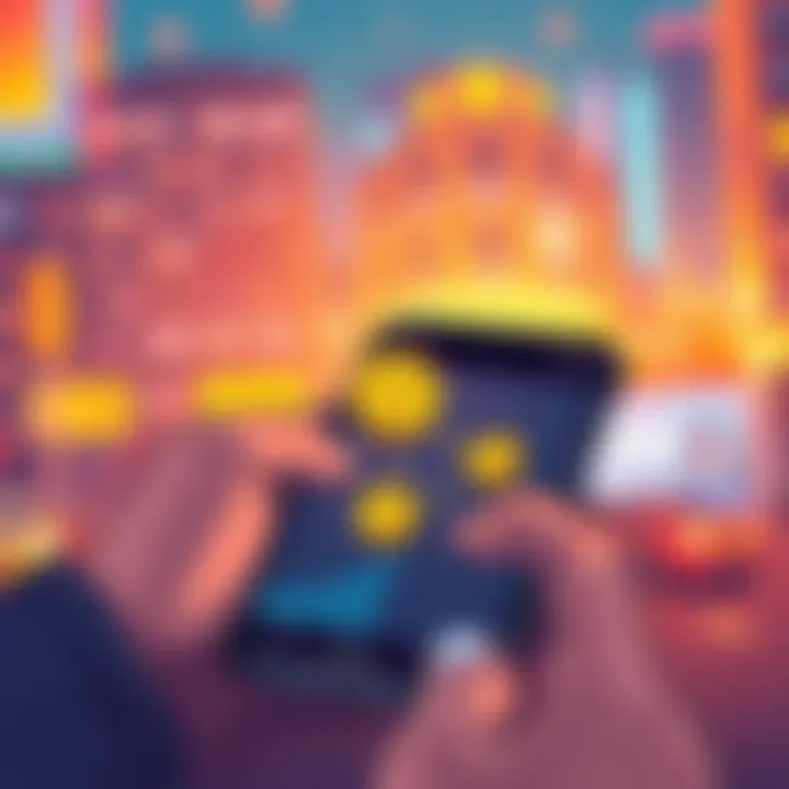 An illustration showing a person sending cryptocurrency to another person's wallet on a smartphone screen, with arrows representing the transaction flow.