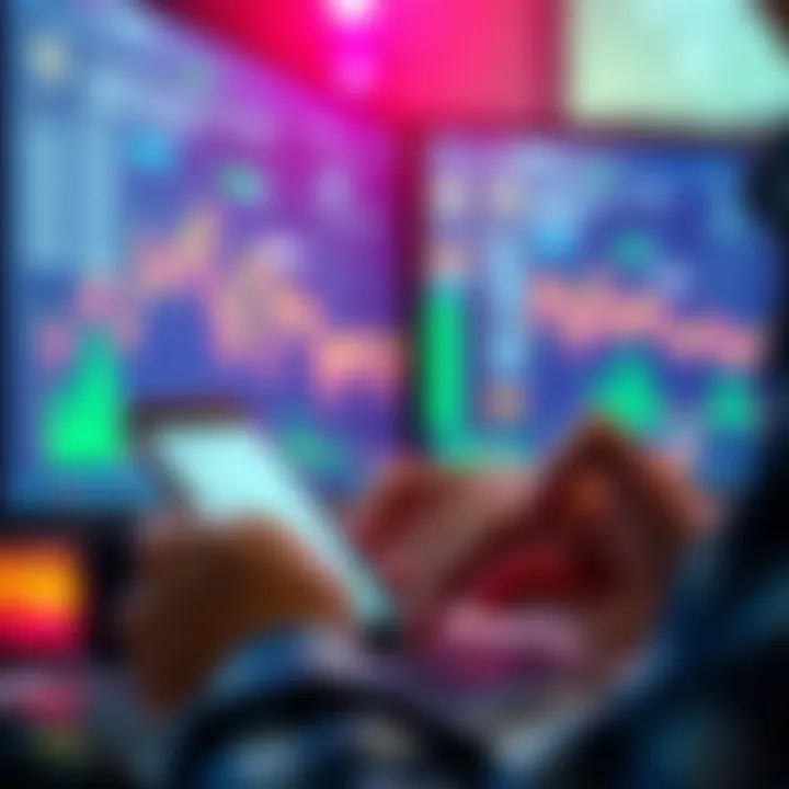 A person selecting cryptocurrency on a smartphone while reviewing fees and values on a computer screen