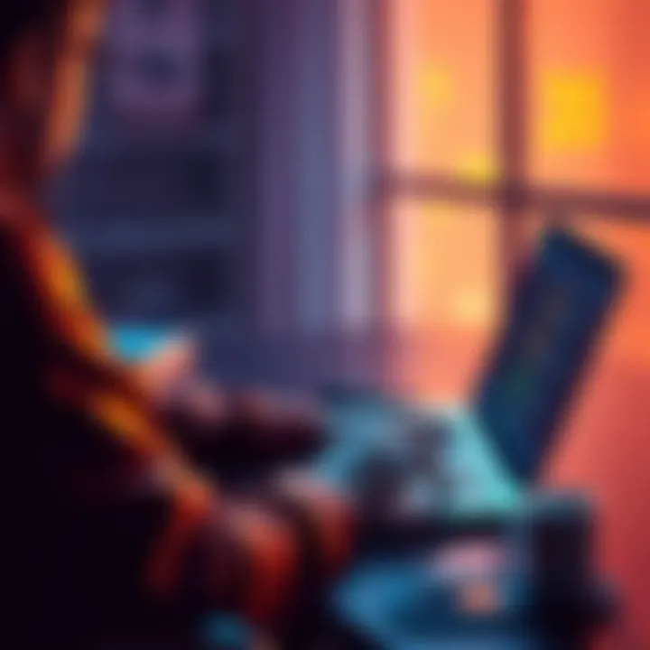 A person sitting at a desk, looking at a laptop screen showing cryptocurrency options while considering a peer-to-peer transaction.