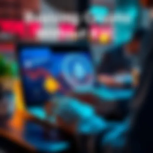 Person using a laptop to buy cryptocurrency on a P2P platform, showing a credit card and digital currency symbols