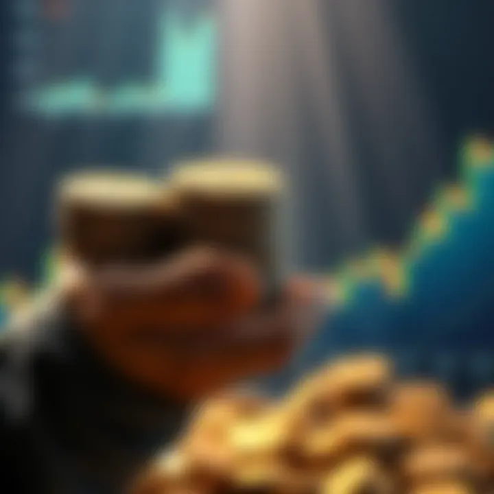 A person holding a large stack of Dogecoin coins, symbolizing bulk purchase, with a fluctuating price graph in the background.