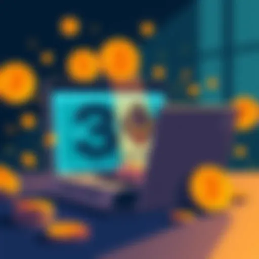 An illustration showing a person buying Monero (XMR) using Bitcoin (BTC) and USDC on a laptop, surrounded by digital currency symbols.