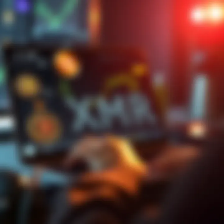 Buying XMR Online A person using a laptop to buy XMR cryptocurrency on a financial website without KYC requirements, with digital wallet icons on the screen