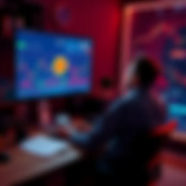 A person sitting at a desk looking at a computer screen displaying Bitcoin prices and charts, with notes and a calculator nearby.
