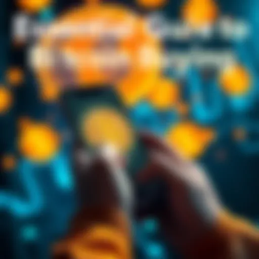 Person using a smartphone to buy Bitcoin on an app with digital currency symbols in the background