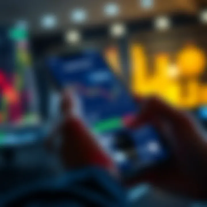 Buying Bitcoin A person using a smartphone to buy Bitcoin online with a financial app, showing charts and prices on the screen.