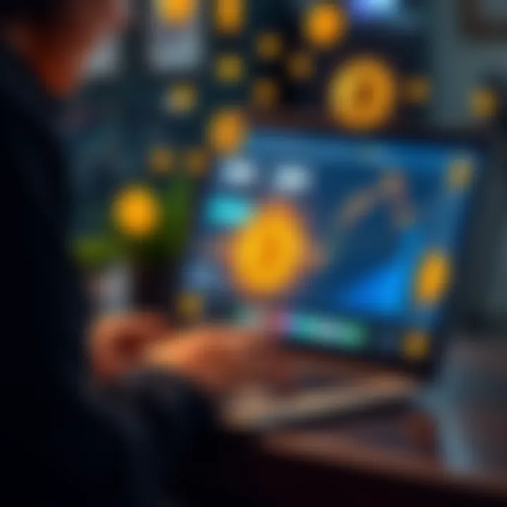 Buying Bitcoin Alternatives A person using a laptop to buy Bitcoin through an online platform, with digital currency icons around them.
