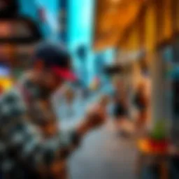 Buying Bitcoin with Cash in Brisbane A person exchanging cash for Bitcoin outdoors in a public space in Brisbane.