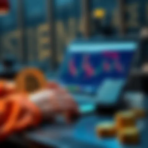 A person buying Bitcoin on a laptop with a cold wallet device next to them.