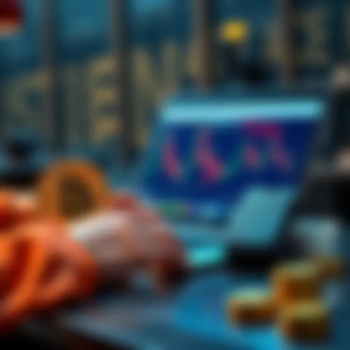 A person buying Bitcoin on a laptop with a cold wallet device next to them.