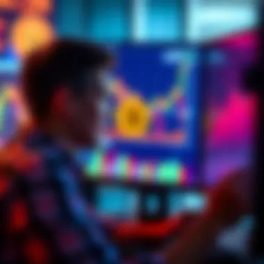 A person looking at Bitcoin price charts on a computer screen, contemplating a purchase during a market dip, with a positive expression.