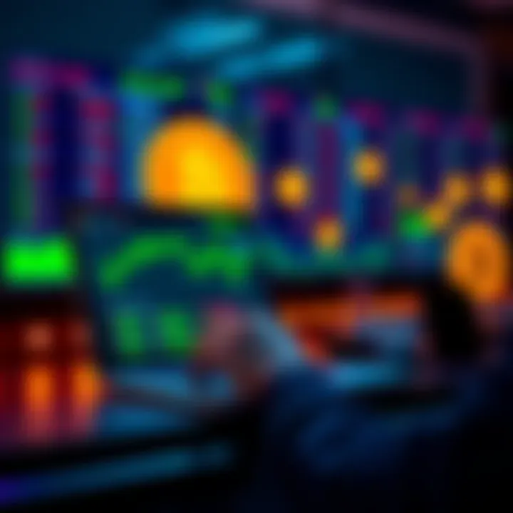 A person using a laptop to buy Bitcoin on a cryptocurrency exchange, with Bitcoin symbols in the background.