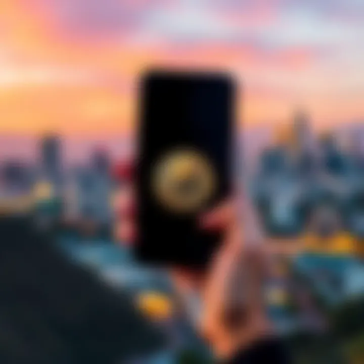A person holding a smartphone with a Bitcoin symbol on the screen in front of a Los Angeles skyline.