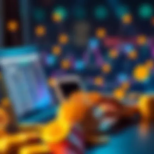 A person using a laptop to buy Bitcoin on a cryptocurrency platform with digital currency icons around