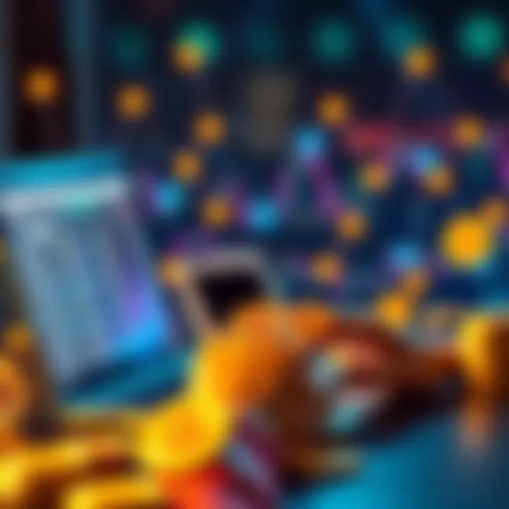 A person using a laptop to buy Bitcoin on a cryptocurrency platform with digital currency icons around