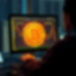 A person using a computer with a Bitcoin logo on the screen, researching platforms to buy Bitcoin.