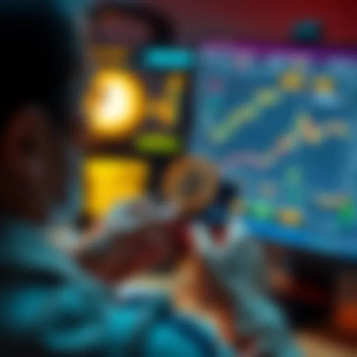 A person using a prepaid Visa card to purchase Bitcoin online, with a computer screen showing a cryptocurrency exchange platform.