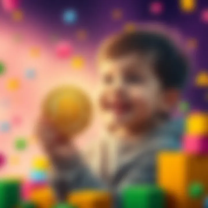 A child happily holding a Bitcoin coin with colorful blocks representing wallets around them.