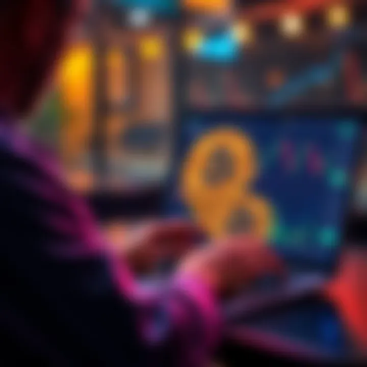 A person using a laptop to buy Bitcoin on a secure platform, showing charts and currencies on the screen