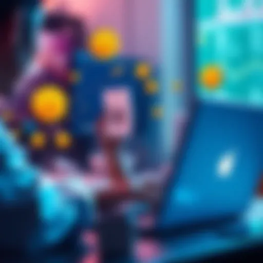 A person using a laptop to purchase Bitcoin through Robosats without KYC verification, with Bitcoin symbols and payment icons around them.