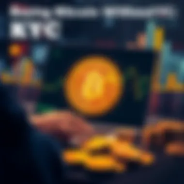 A person using a laptop with a Bitcoin logo on the screen and physical Bitcoin coins around them